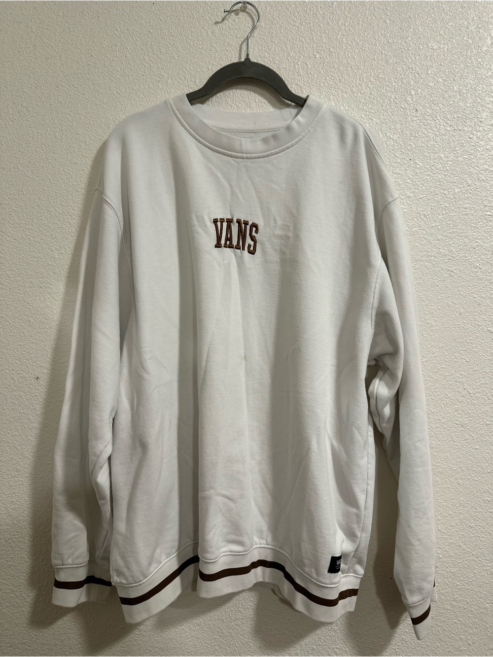 Vans White Crewneck Sweatshirt with Brown Striped Trim